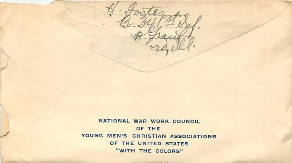 미국 우표 — 미국 국기 — 미국 청년회 연합 전쟁 활동 위원회 — 1917년 시카고로 발송 - 뒷면