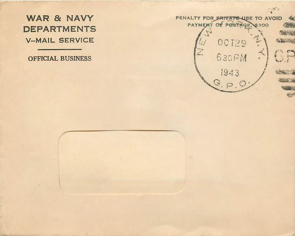 Officieel V-Mail dienst — Oorlog- en Marine Departementen — New York, 29 oktober 1943 - Voorkant