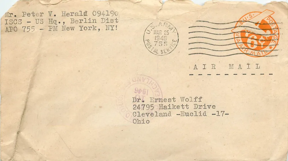 Envelope aérea do Exército dos EUA - Cleveland - Berlim - 1946 - Frente