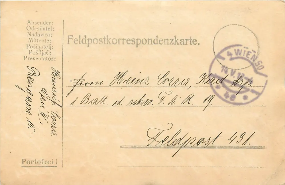 Feldpostkorrespondenzkarte — Feldpost 431 — Wien, 14.V.17 - Front