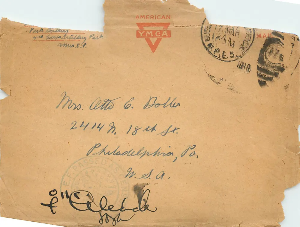 Carta postal da American YMCA em Filadélfia — destinada a Mrs. Otto C. Doller — selo e carimbo de Diann, 17 de março de 1918 - Frente