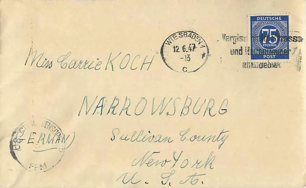 Wiesbaden — Lettre à Miss Carrie Koch à Narrowsburg — Deutsche Post 75 Pfennig - Recto