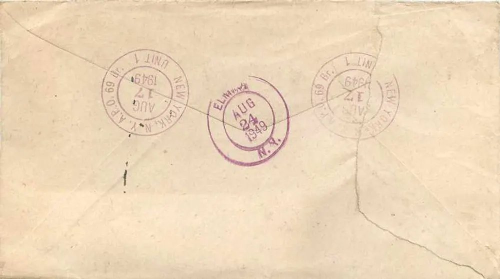 Carte postale aérea — Major James C. Avery, APO 69, N.Y. — destinada a M. J. Fenster, Elmira, N.Y. - Verso