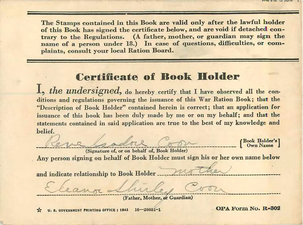 Livro de Ração de Guerra Um — Estados Unidos da América — Office of Price Administration - Verso