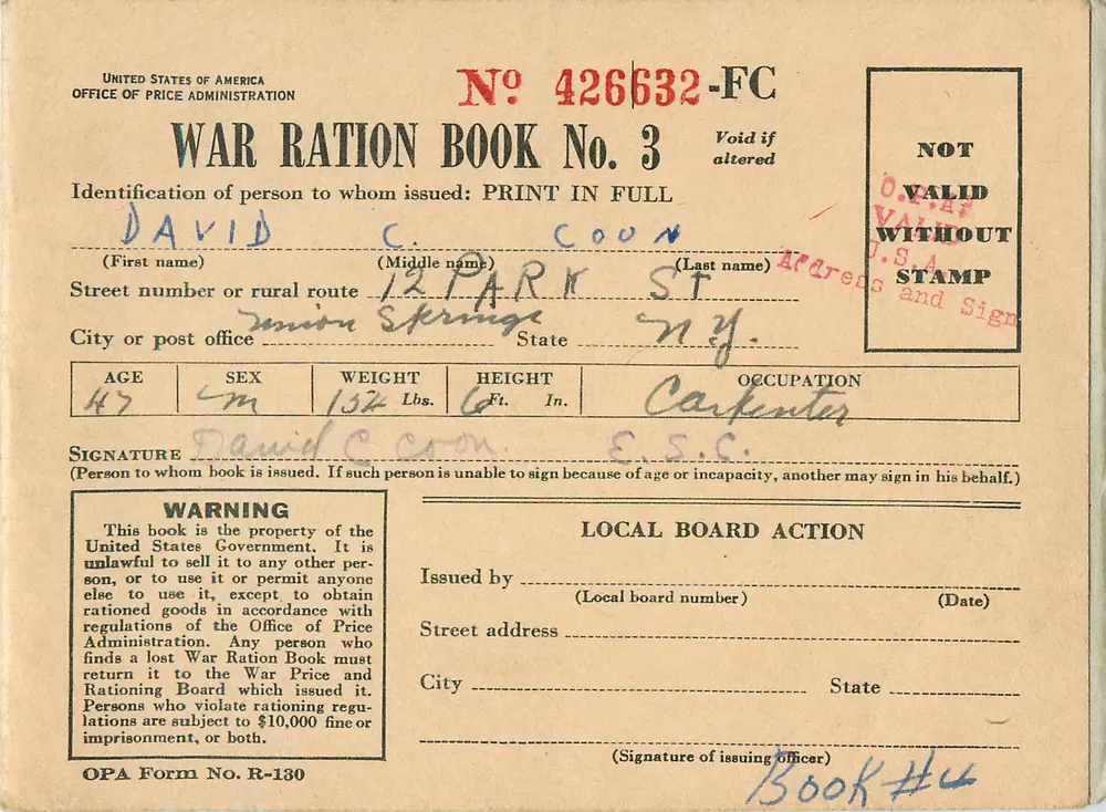 Livro de Ração de Guerra Número 3 — David C. Coon — Estados Unidos da América, Office of Price Administration - Frente