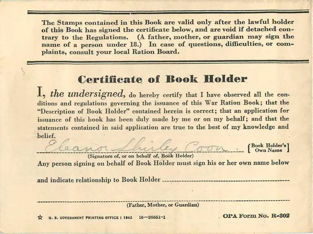 Estados Unidos da América — Livro de Ração de Guerra Um — Office of Price Administration - Verso