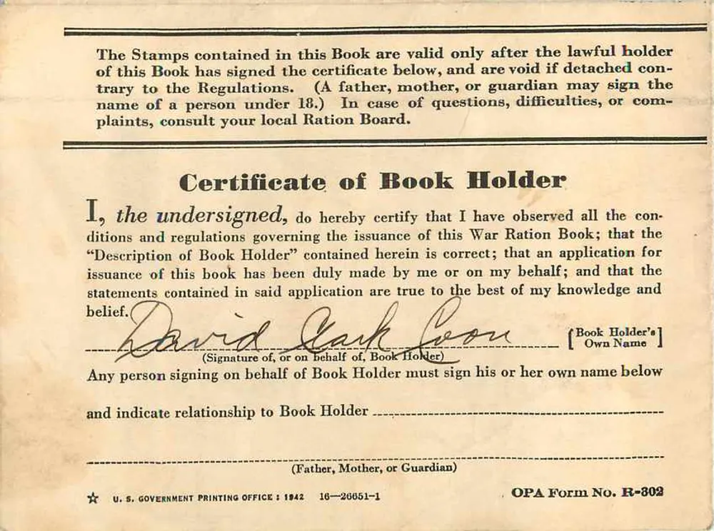 Estados Unidos da América — Livro de Racionamento de Guerra Um — Office of Price Administration - Verso