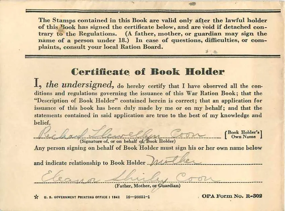 Livro de Racionamento de Guerra Um — Estados Unidos da América — Office of Price Administration - Verso