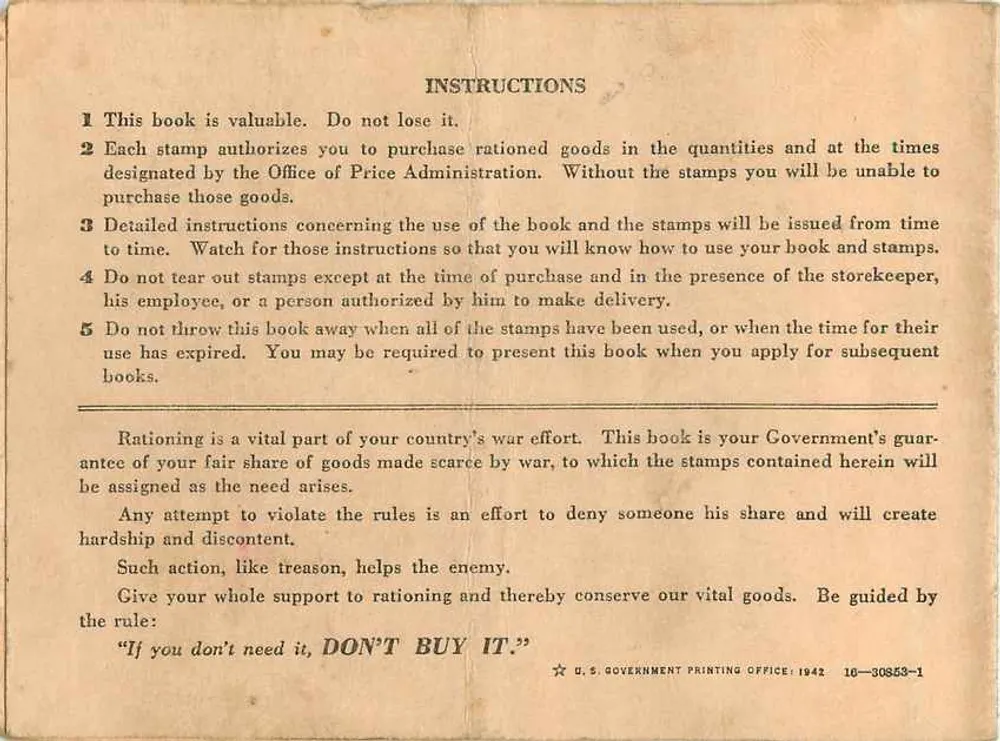 Carta de racionamento de guerra americana — Caderno n°2 — Editor: U.S. Government Printing Office, 1942 - Verso