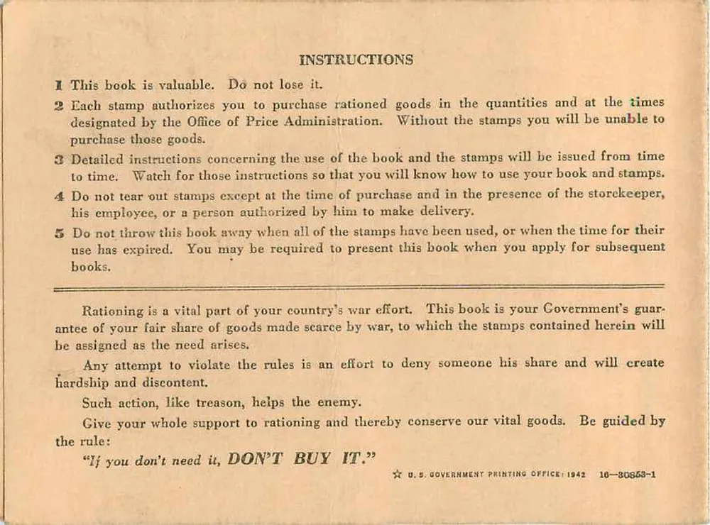 Carta de racionamento de guerra — Estados Unidos — 1942 — Office of Price Administration - Verso