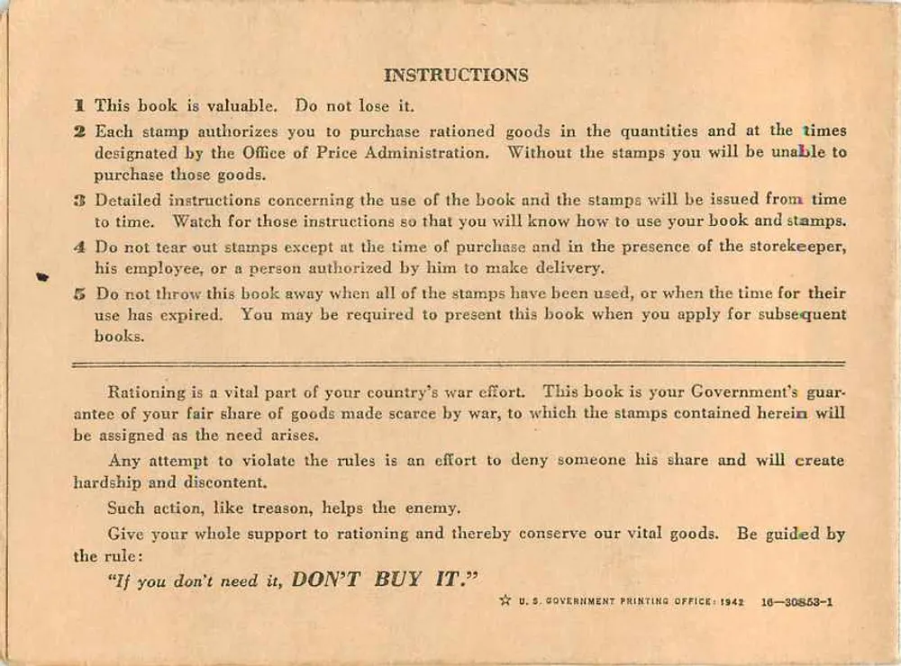 Carta postal de racionamento americano — Livro de racionamento n°2 — Editor: U.S. Government Printing Office - Verso