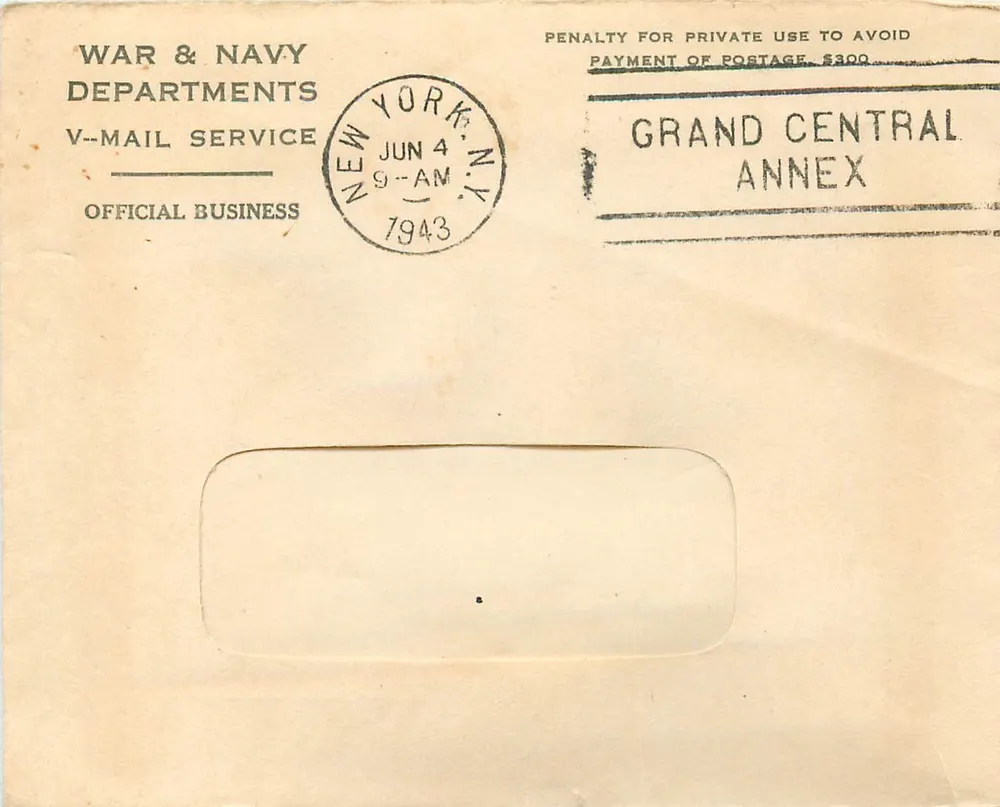 Offizielle V-Mail — Kriegs- und Marineabteilungen — Grand Central Annex, New York — 4. Juni 1943 - Vorderseite