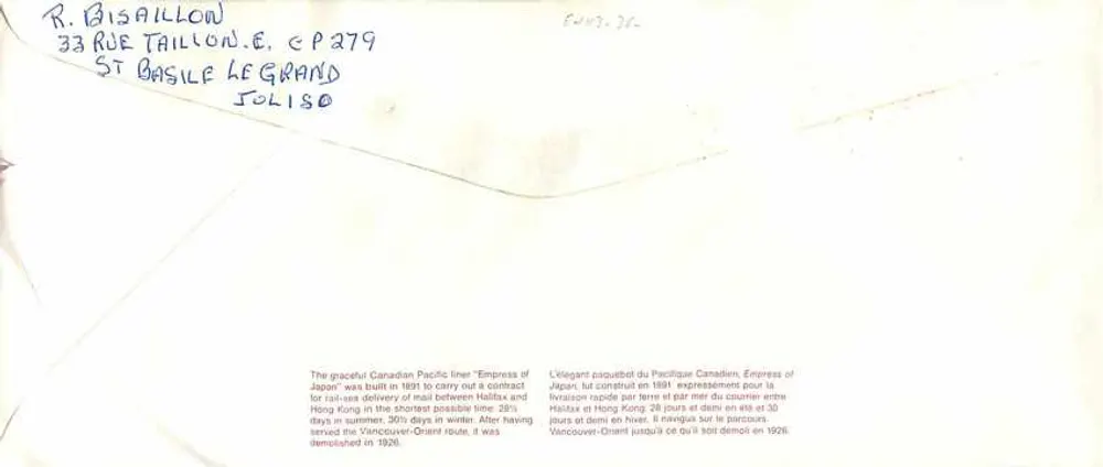 O navio Empress of Japan — Canadian Pacific — editor Canadá 34 - Verso