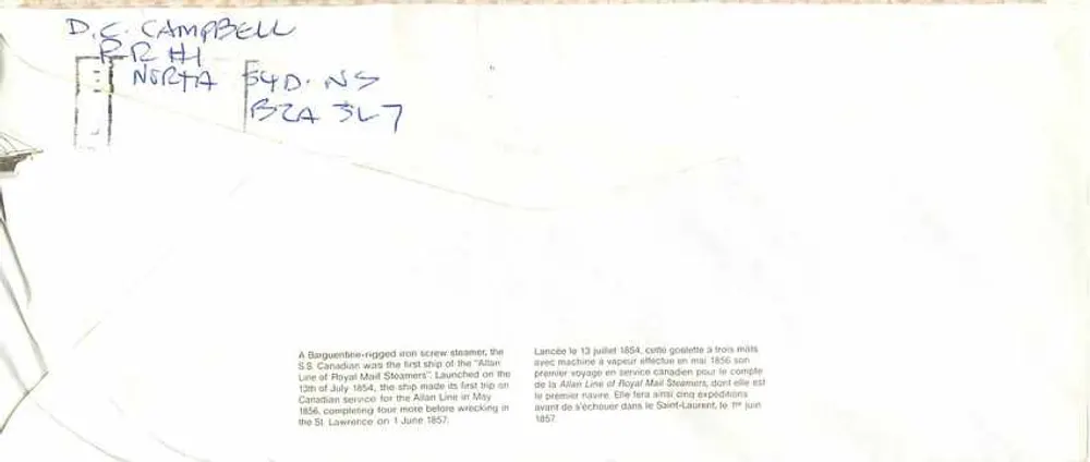 S.S. Canadian — primeiro navio a vapor da Royal Mail Line — editor Canada Post - Verso