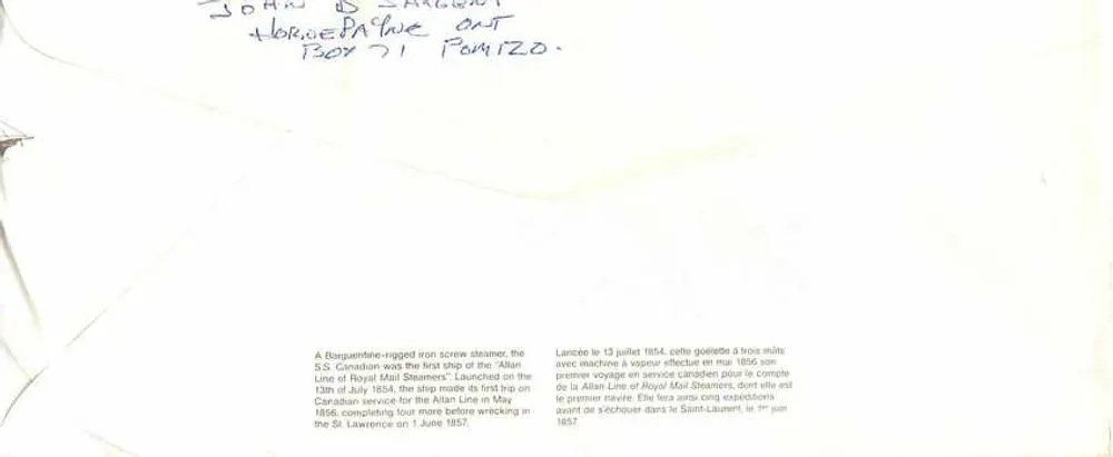 S.S. Canadian — primeiro navio a vapor da Royal Mail Steamers — editor não identificado, número de série não visível - Verso