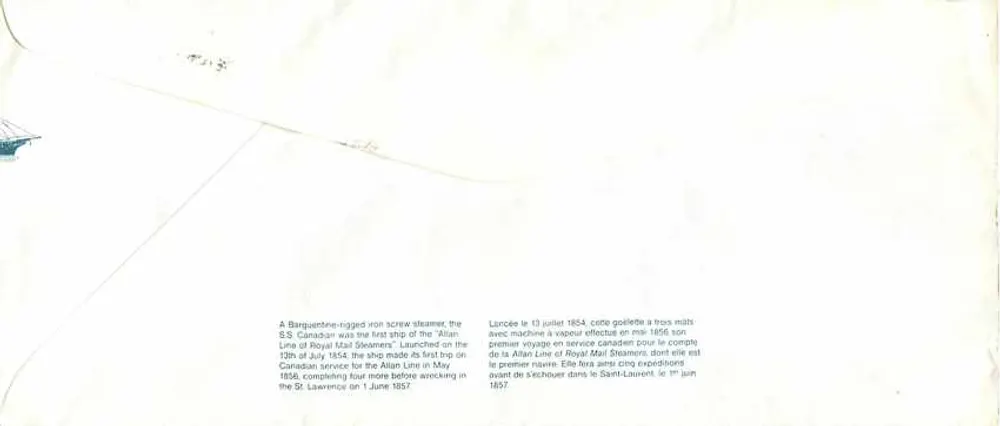 S.S. Canadian — primeiro navio a vapor da Royal Mail Steamers — editor Canada Post - Verso