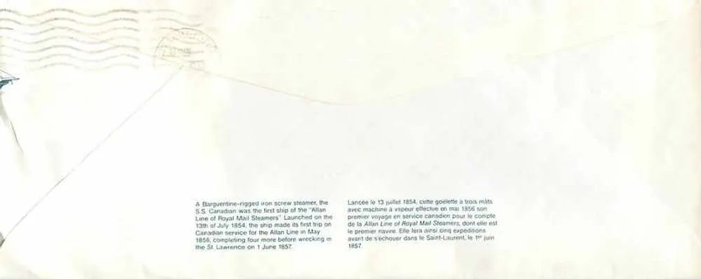 S.S. Canadian — primeiro navio a vapor da linha Allan Line — editor Canada Post - Verso