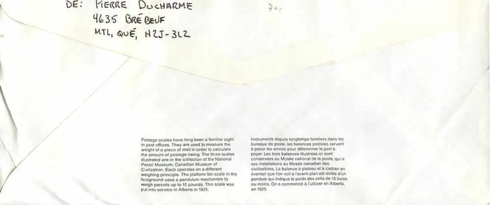 Balancinhas postais — Museu Canadense de Correios — Canadá 39 - Verso