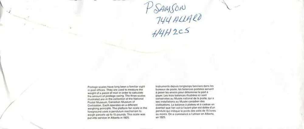 Balancinhas postais — Museu Nacional da Correios — Canadá - Verso