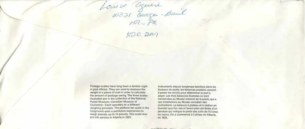 Balancinhas postais — Museu Canadense da Correios — Canadá - Verso