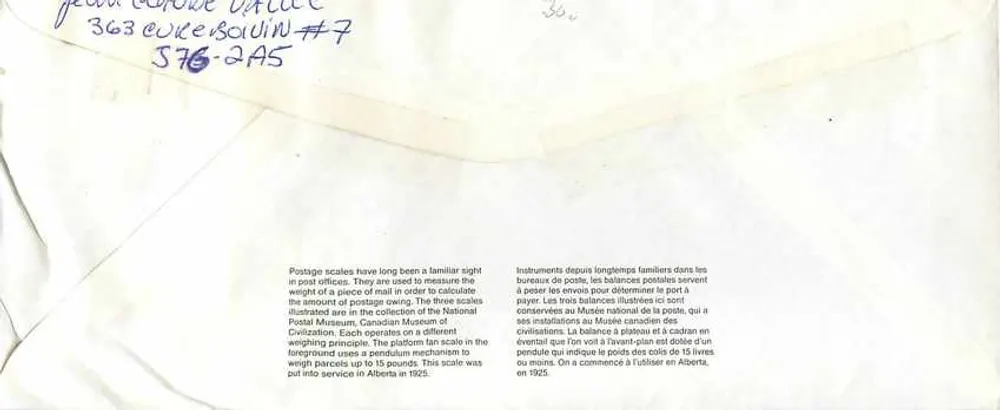 Balancin postal — Museu Canadense da Civilização — editor não visível - Verso