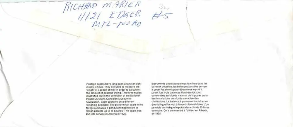 Balances postais — Museu Canadense da Civilização — editor não visível, n° de série #5 - Verso