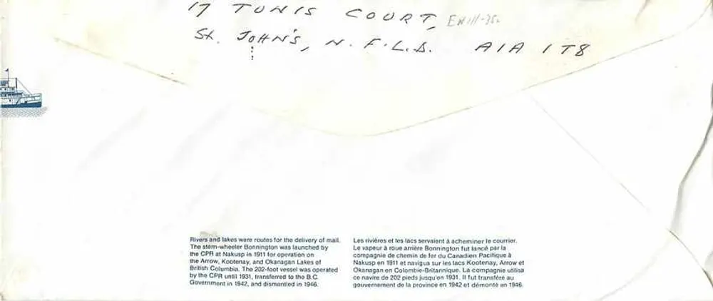 Embarcação a vapor Bonnington — St. Johns, N.F.L.A. — Canadá 32 - Verso