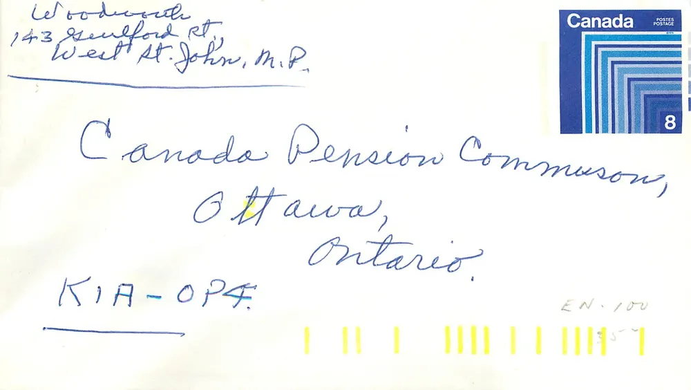 Carta postal Canadá — Comissão de Pensões do Canadá, Ottawa, Ontário — selo 8c - Frente