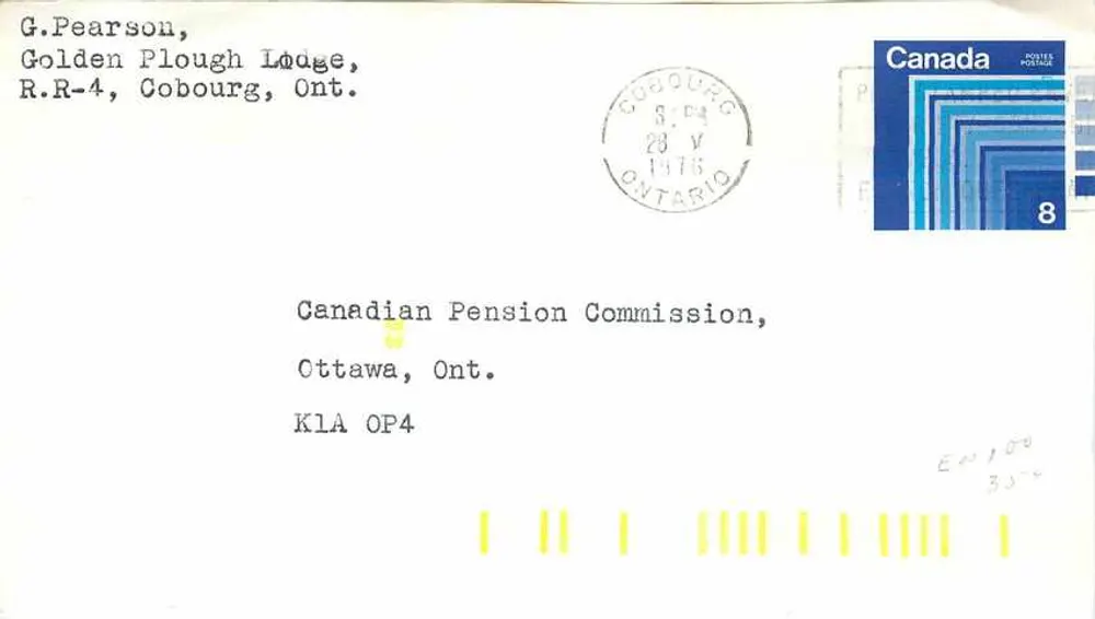 Carta postal Canadá — Envio para a Comissão Canadense de Pensão, Ottawa - Frente