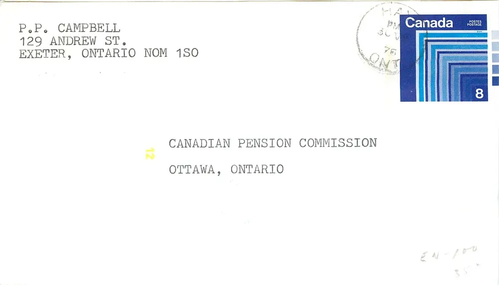 Exeter, Ontario — Brief met adres naar de Canadese Pensioencommissie — zegel Canada 8 - Voorkant