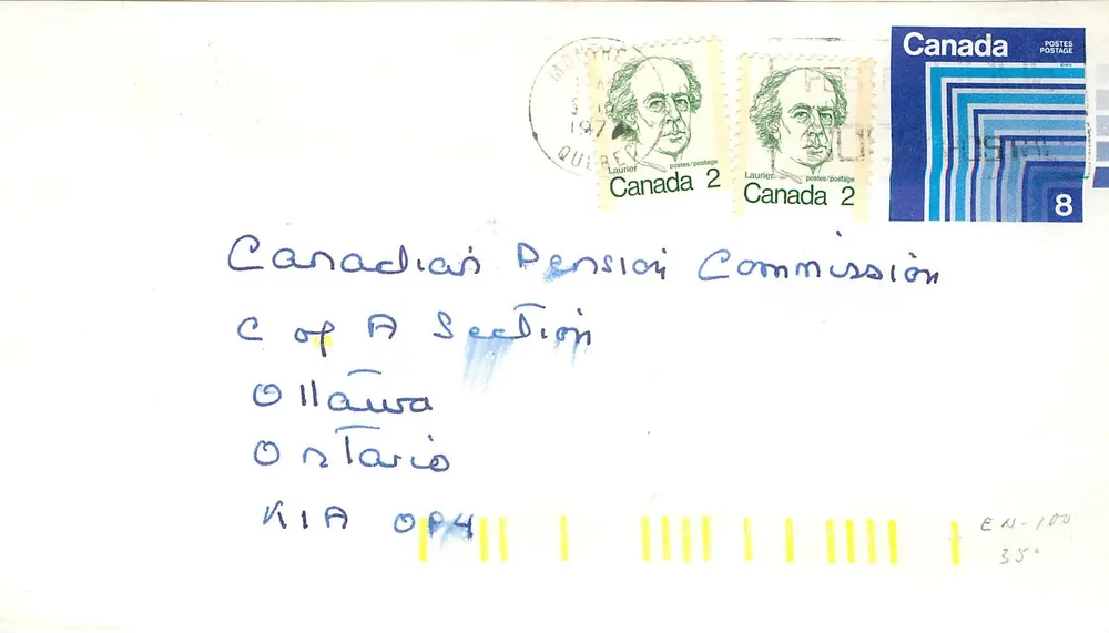 Ottawa — Encomenda para a Canadian Pension Commission — selos Laurier e selo azul Canada 8 - Frente