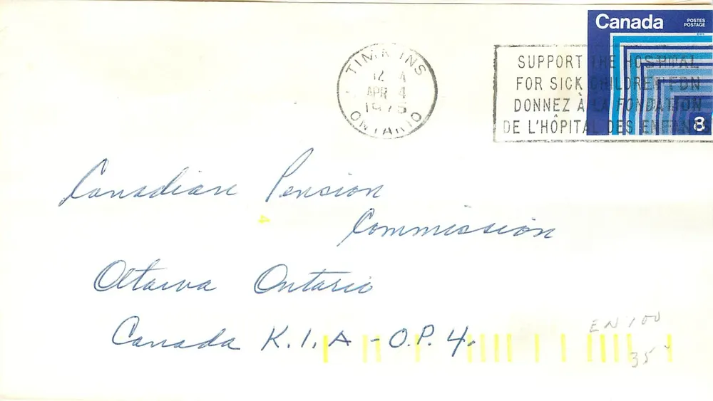 Tinns Ins — Canadá — 12 de abril de 1975 — selo azul 'Support the Hospital for Sick Children' — destinado à Canadian Pension Commission em Ottawa - Frente