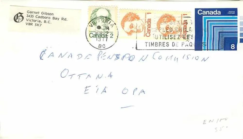 Carta postal Canadá — Victoria, C.B. — editor desconhecido, número de série não visível - Frente