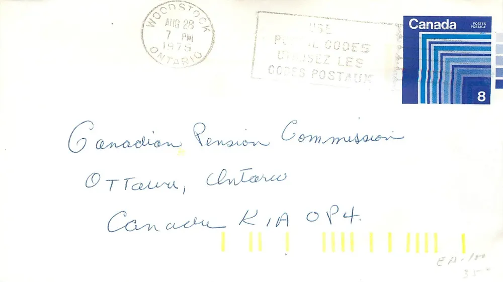 Woodstock, Ontario — Envelope postal datado de agosto de 1975 — Canada Postage 8 - Frente