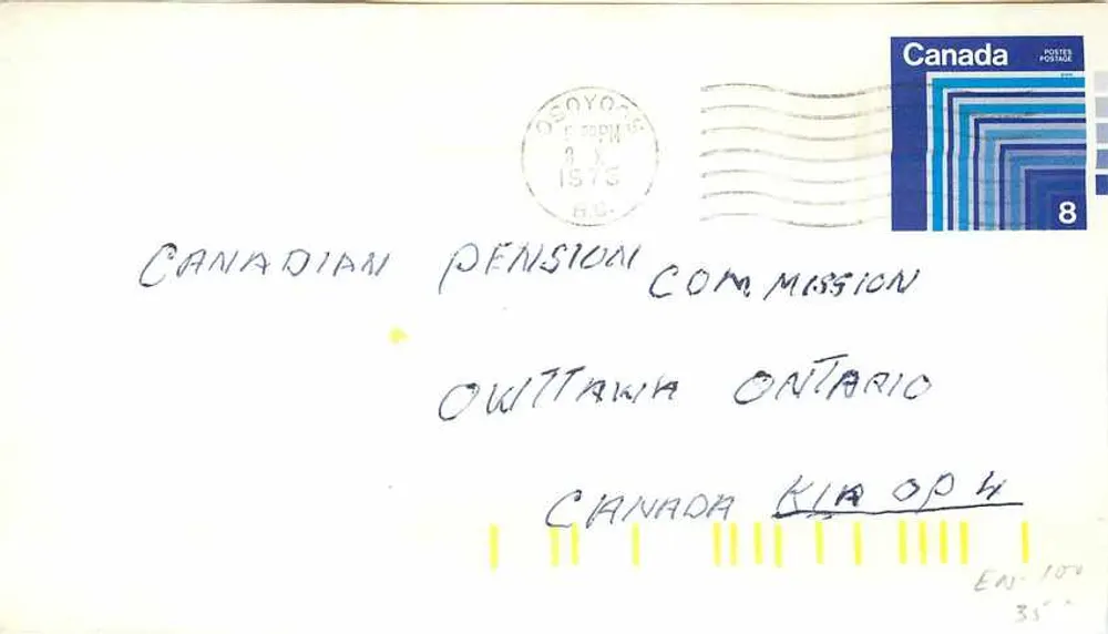 Carta postal Canadá — selo de 8 centavos, carimbo Osoyoos 9 de setembro de 1975 - Frente