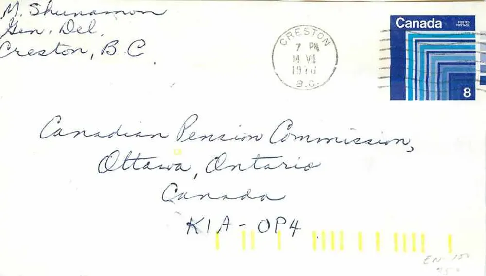 Creston, B.C. — Carta à Comissão Canadense de Pensões, Ottawa — selo Canadá 8 centavos - Frente