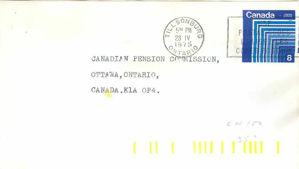 Tillsonburg — Carta postal enviada à Comissão Canadense de Pensão, Ottawa — correio canadense - Frente