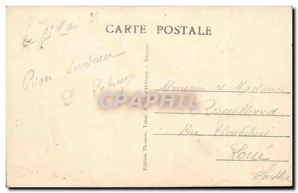 Saumur - La Loire et l'Hôtel de Ville — Edition Thomas, Tabac, 3 rue d'Orléans, Saumur - Verso