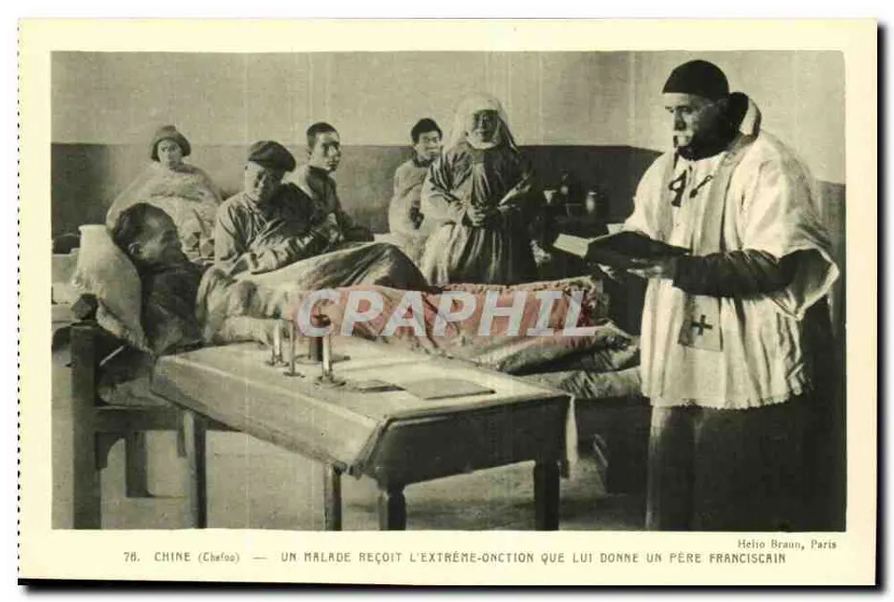 China (Chefoo) — Ein kranker Mensch erhält die Salbung von einem Franziskaner — Helio Braun, Paris - Vorderseite