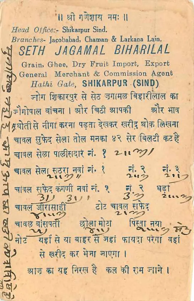 जैपुर — व्यापारिक पोस्टकार्ड — सेत जगमल बिहारी लाल, शिकारपुर (सिंध) - पीछे
