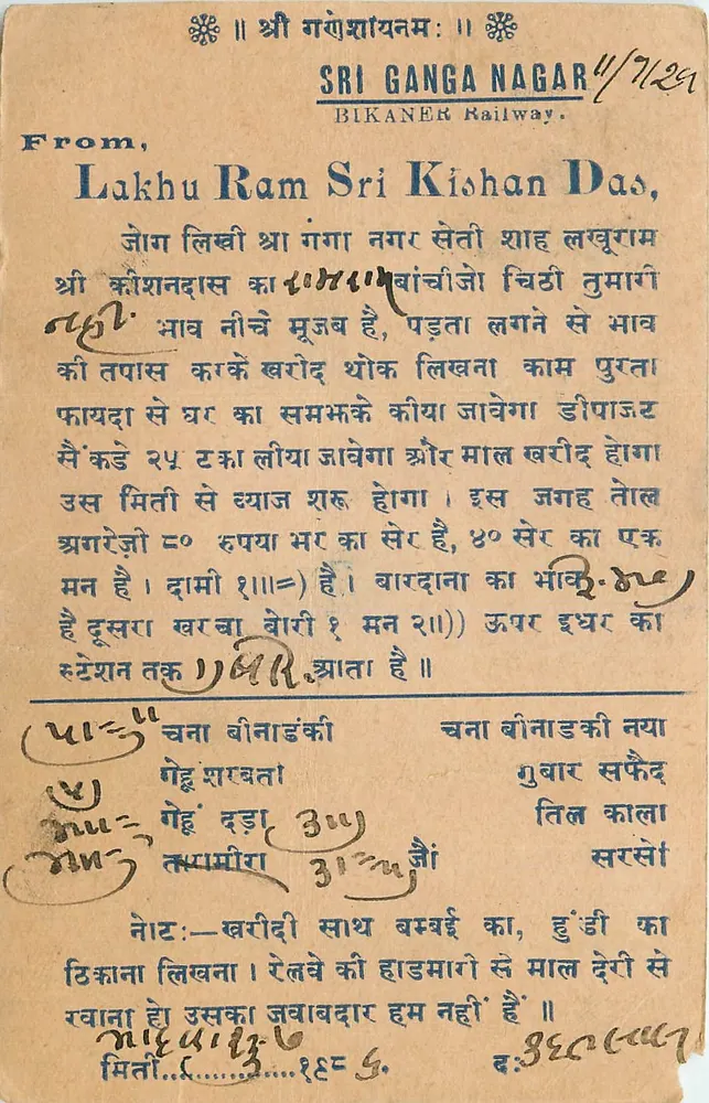 Sri Ganga Nagar — Bikaner Railway — carta postal datada 11 de setembro de 1928 - Frente