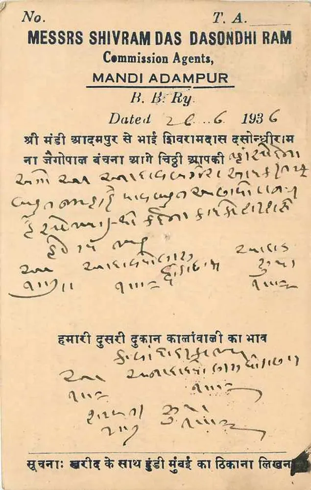 मंडी आदमपुर — कमिशन एजेंट्स शिवराम दास दासोंदी राम — मंडी आदमपुर — 1936 - आगे