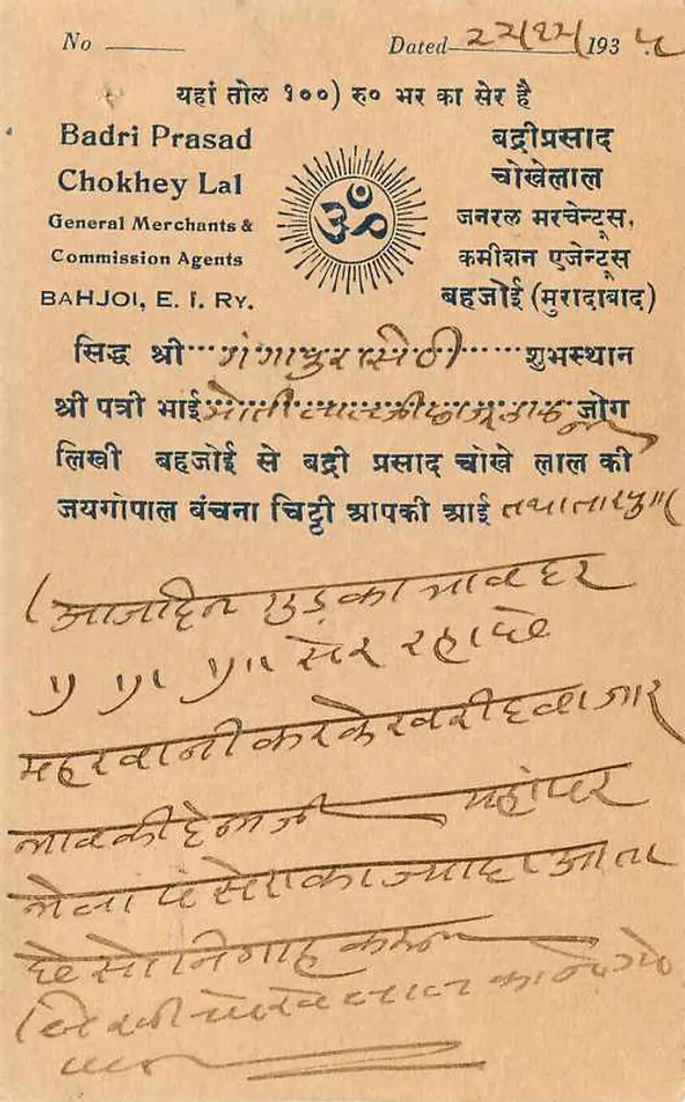 Gangapur (Jaipur) — carta postal comercial — Badri Prasad Chokhey Lal, Bahjoi, E.I. Ry. - Verso