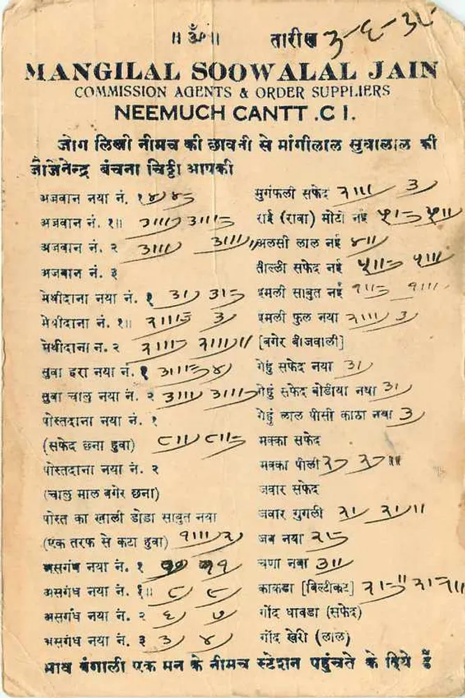 Jaipur — carta postal comercial — Mangilal Soowalal Jain, Neemuch Cantt. - Verso