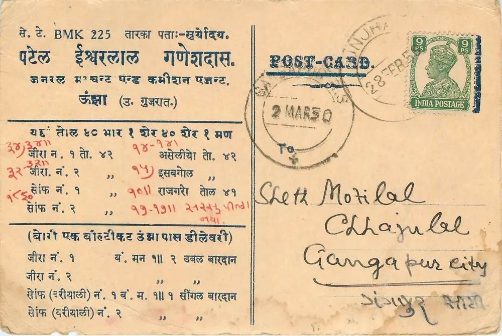 उंजा — ईश्वरलाल गणेशदास, दाल विक्रेता एवं कमीशन एजेंट — प्रकाशक एस.टी. नंबर BMK 225 - आगे
