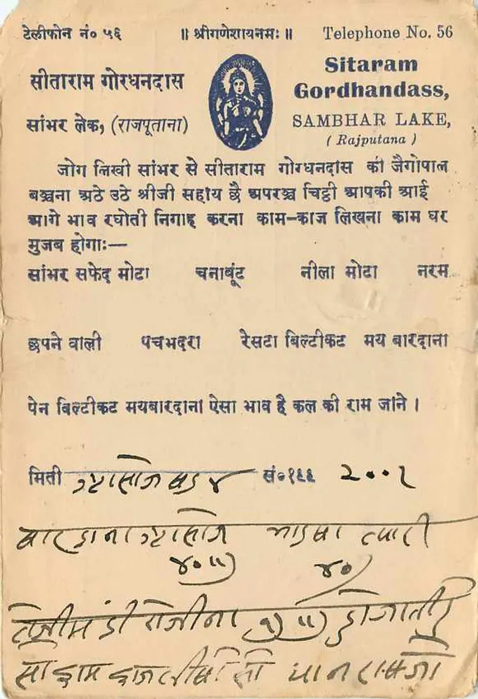 Lago Sambhar — Sitaram Gordhandass — India Postage 9 PS - Verso