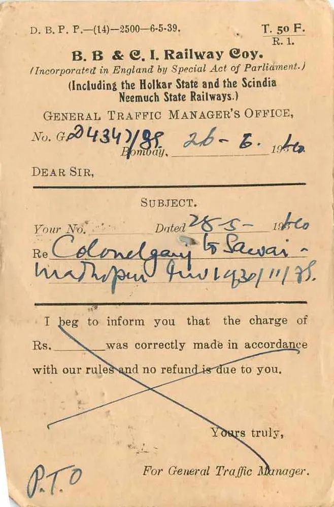 Jaipur — Notificação de pagamento — B.B. & C.I. Railway Co. (Bombay) - Verso