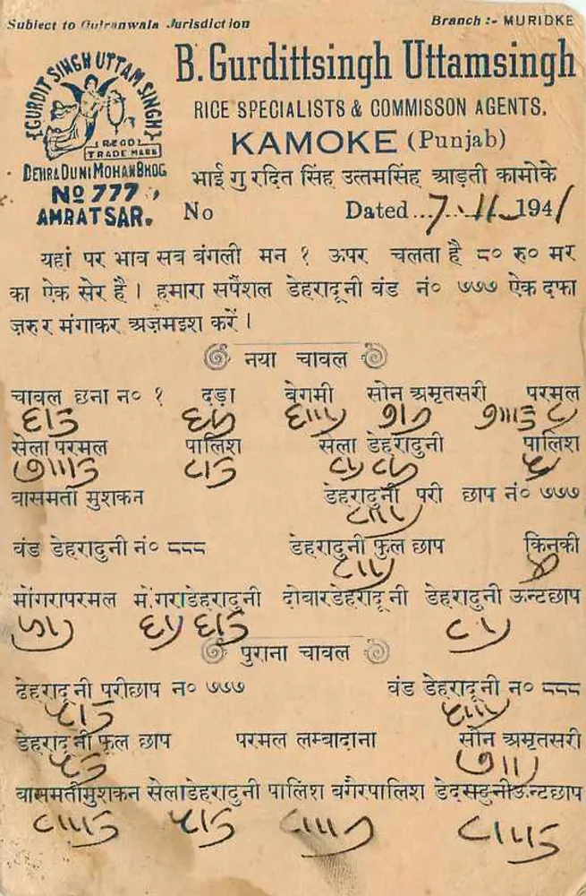 Carte postal comercial — Kamoke (Punjab) — B. Gurditsingh Uttamsingh - Verso