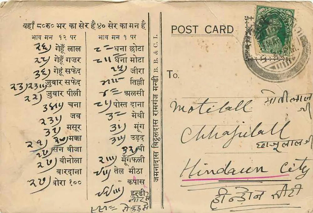 भारतीय पोस्टकार्ड — देवनागरी लिपि में लिखा टेक्स्ट — प्रकाशक B.B.&C.L. - पीछे
