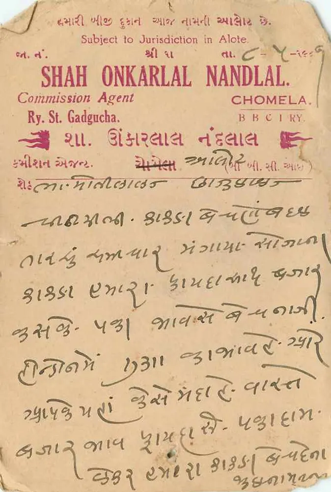 गंगापुर आर. रेलवे — चोमेला के डाक टिकट — शाह ओंकरलाल नंदलाल, एजेंट कमीशनर - पीछे